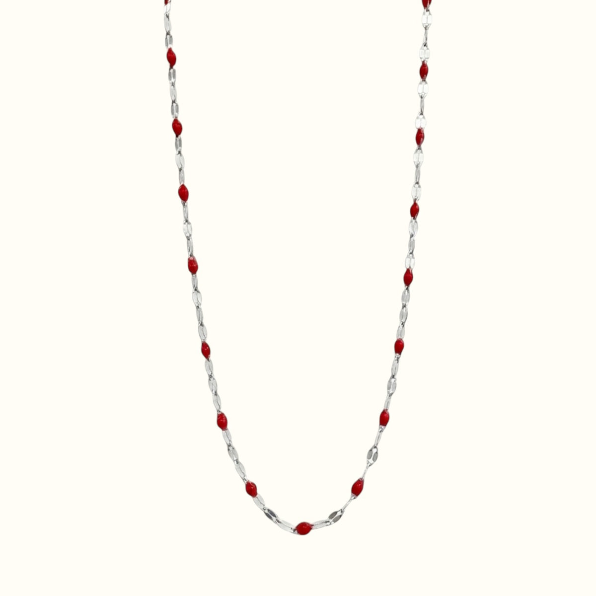 DUGO Lip Colors Chain necklace featuring silver-tone links accented with small red enamel beads.