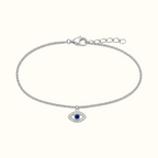 DUGO delicate silver chain bracelet featuring a blue zirconia evil eye charm with sparkling crystal accents