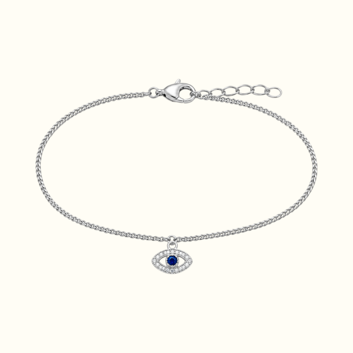 DUGO delicate silver chain bracelet featuring a blue zirconia evil eye charm with sparkling crystal accents
