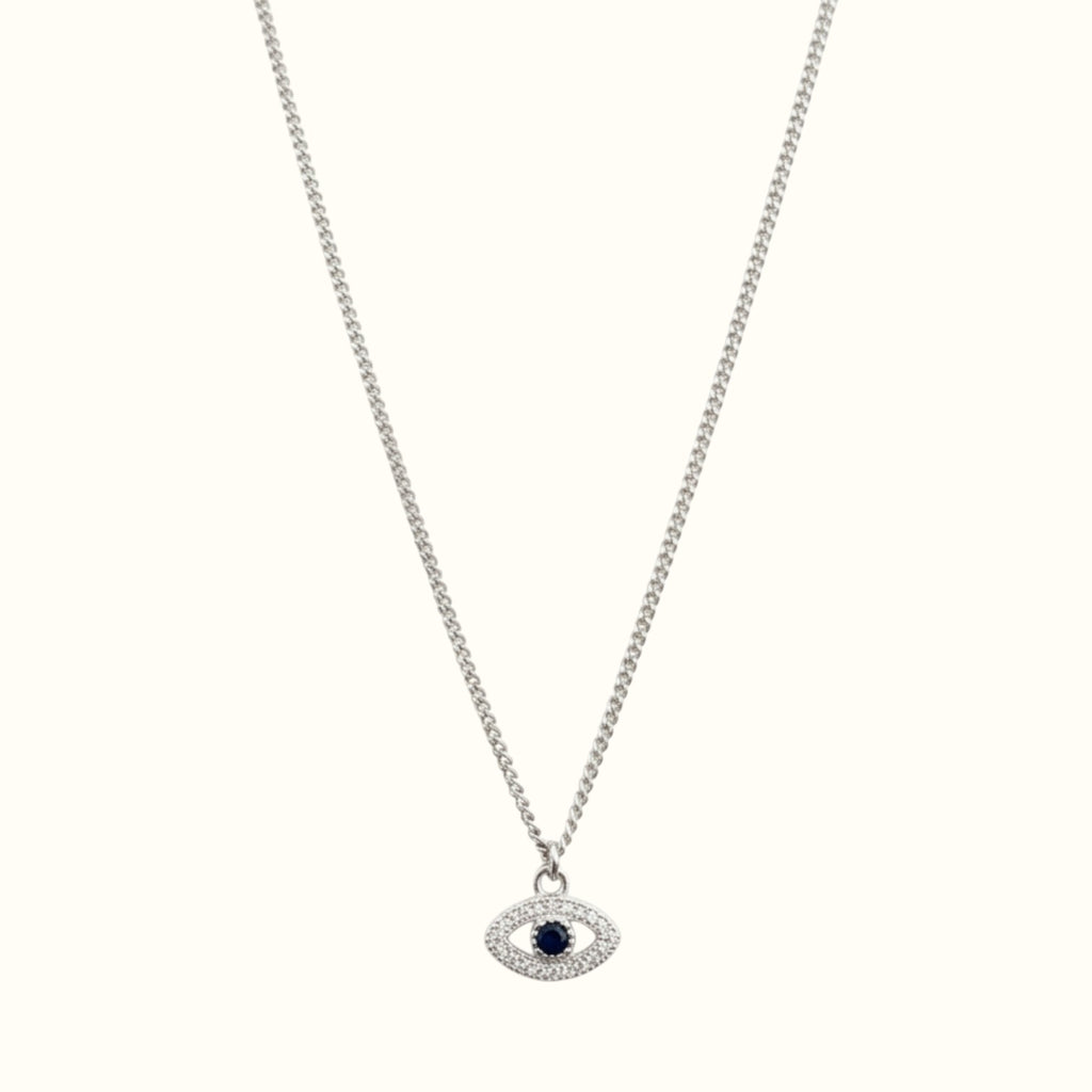 DUGO dainty silver-tone evil eye necklace with a blue zircon center stone and delicate chain for everyday wear.