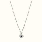 DUGO dainty silver-tone evil eye necklace with a blue zircon center stone and delicate chain for everyday wear.
