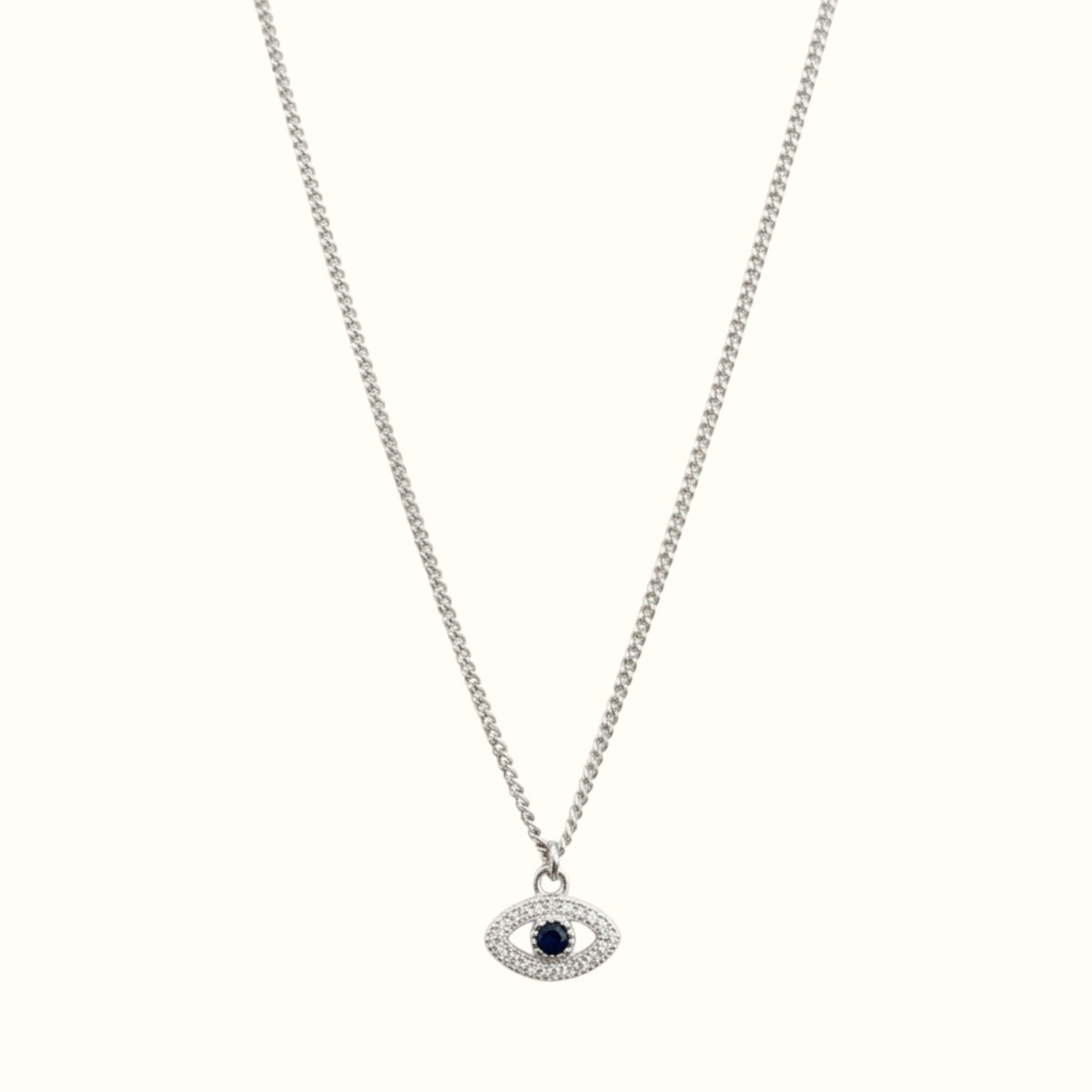 DUGO dainty silver-tone evil eye necklace with a blue zircon center stone and delicate chain for everyday wear.