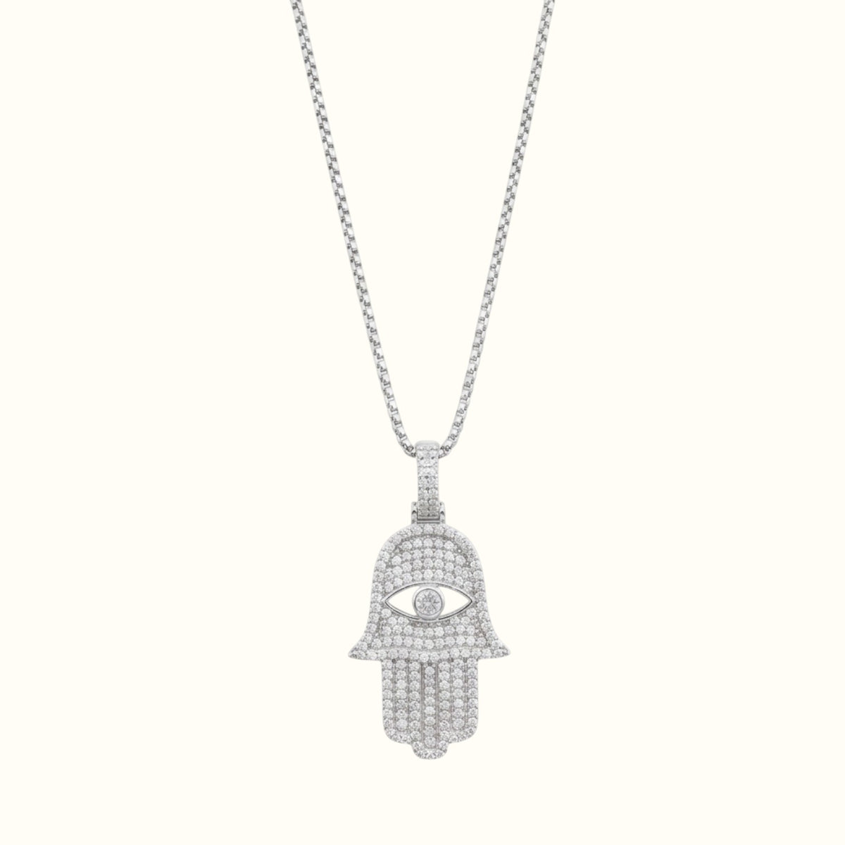 DUGO silver Hamsa Hand evil eye pendant necklace featuring sparkling cubic zirconia stones on a delicate chain.