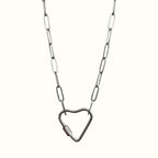 DUGO silver stainless steel paperclip chain necklace featuring a functional heart-shaped carabiner clasp