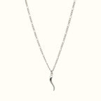 DUGO Italian horn necklace in silver-tone stainless steel on a delicate figaro chain, symbol of luck and protection.