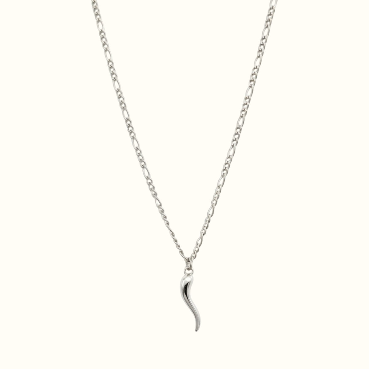 DUGO Italian horn necklace in silver-tone stainless steel on a delicate figaro chain, symbol of luck and protection.