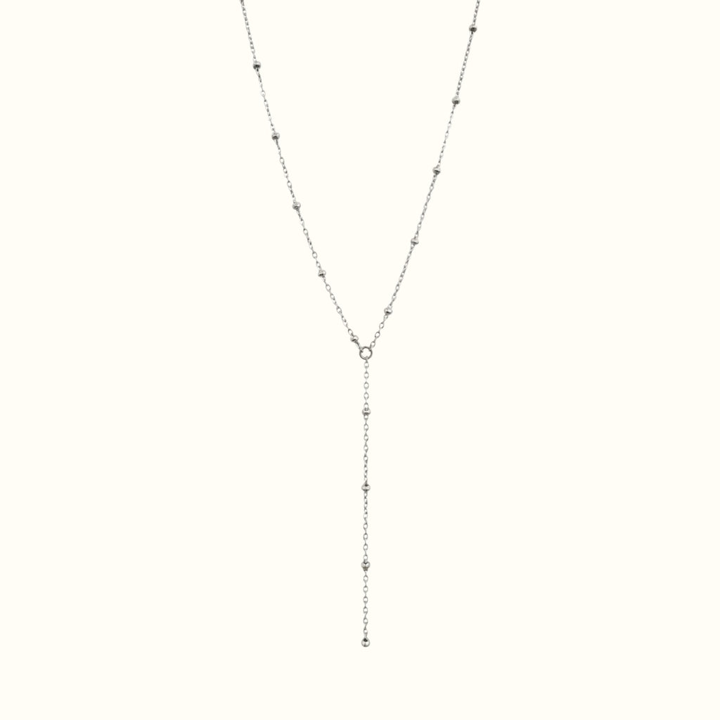 DUGO silver lariat necklace with dainty beaded chain details, waterproof and non-tarnish minimalist Y-drop design.