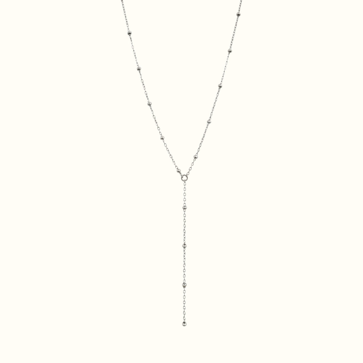 DUGO silver lariat necklace with dainty beaded chain details, waterproof and non-tarnish minimalist Y-drop design.