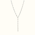 DUGO silver lariat necklace featuring a delicate chain with textured lip-shaped links in a Y-drop design.