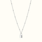 DUGO silver lock pendant necklace on a delicate ball chain, waterproof and tarnish-resistant minimalist jewelry.