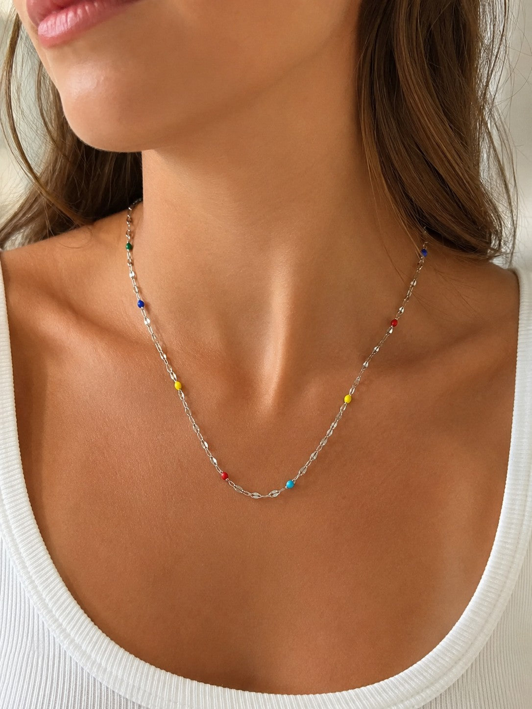 Woman wearing the DUGO silver Multicolor Enamel Chain Necklace
