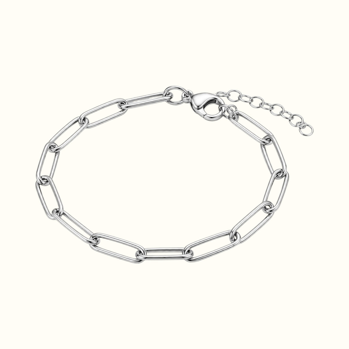 DUGO silver paperclip chain bracelet with elongated links, lobster clasp, and adjustable extender chain.