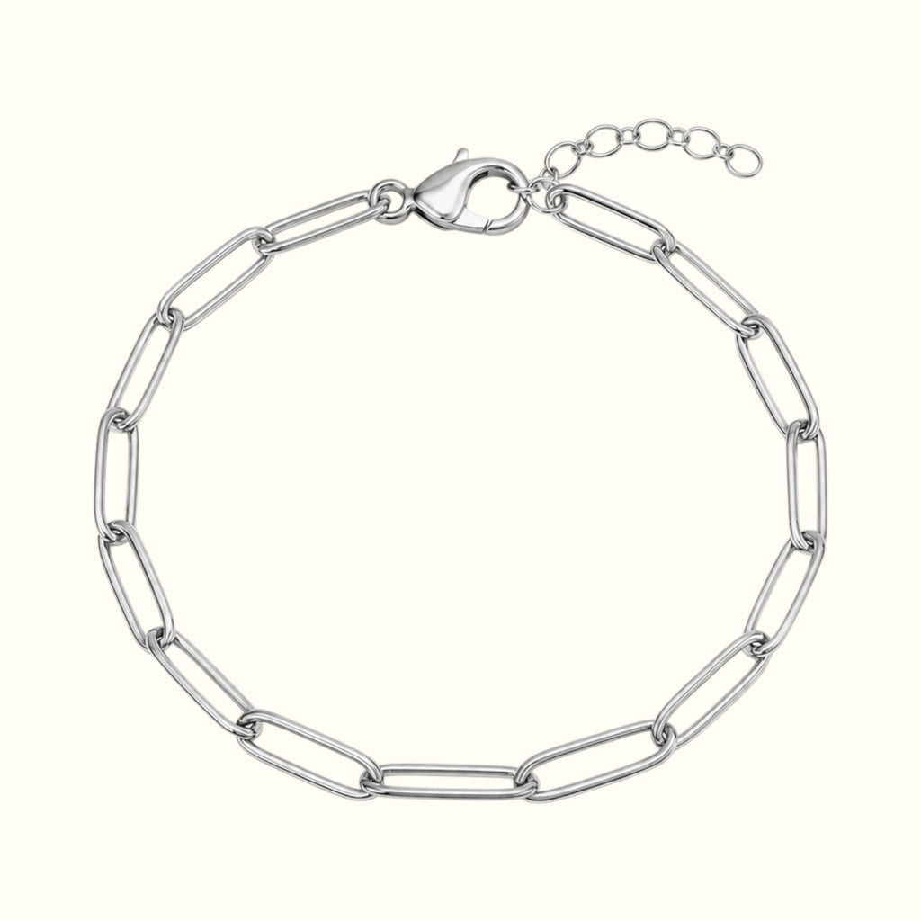 DUGO silver-tone paperclip chain bracelet with elongated links, lobster clasp, and adjustable extender chain.