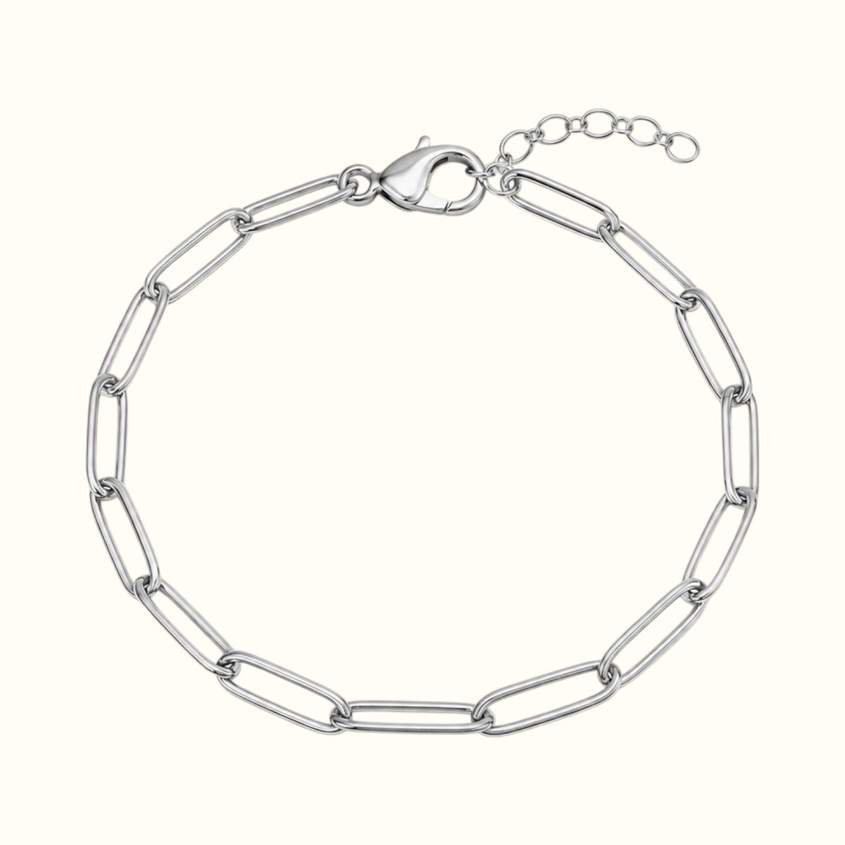 DUGO silver-tone paperclip chain bracelet with elongated links, lobster clasp, and adjustable extender chain.