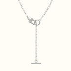 DUGO silver-tone stainless steel lariat necklace featuring a paperclip chain and a modern toggle clasp design.
