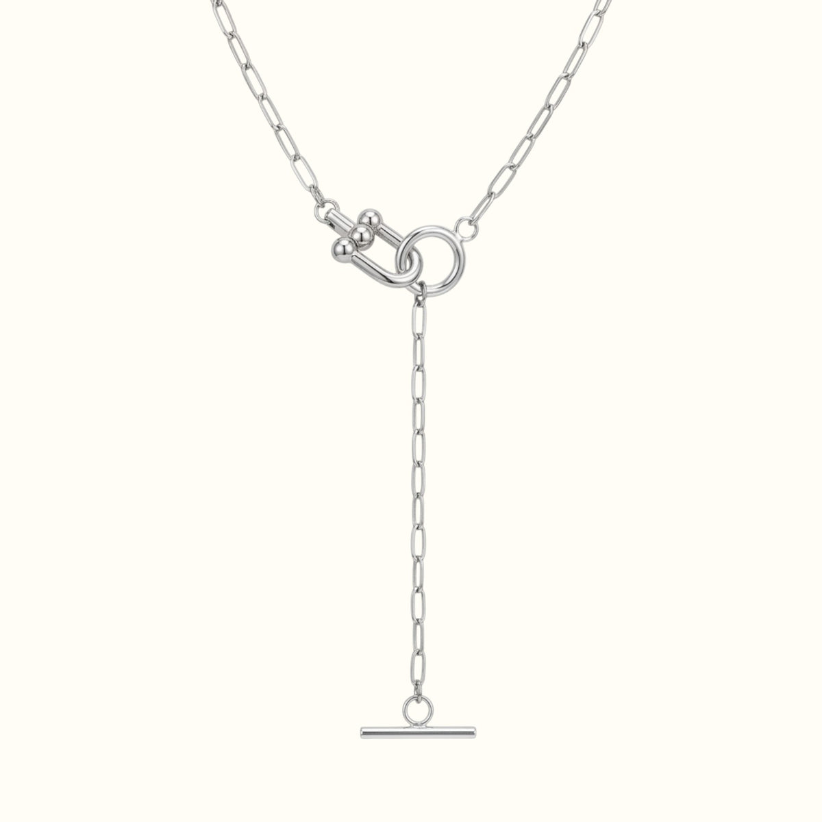 DUGO silver-tone stainless steel lariat necklace featuring a paperclip chain and a modern toggle clasp design.