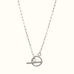 DUGO silver-tone paperclip chain necklace with a modern geometric toggle circle clasp for a minimalist look.