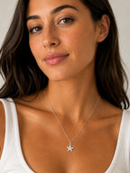 Close-up of the DUGO silver Pave Starfish Pendant Necklace worn on the neck