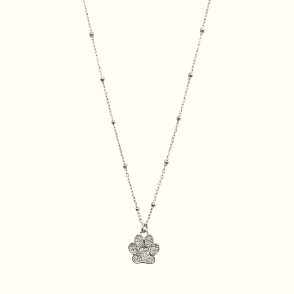 DUGO silver paw print pendant necklace with a delicate ball chain, perfect for pet lovers and everyday wear.