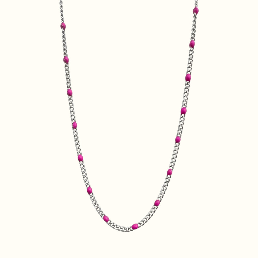 DUGO silver curb chain necklace featuring vibrant pink enamel beads, crafted from tarnish-resistant stainless steel.
