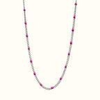 DUGO silver curb chain necklace featuring vibrant pink enamel beads, crafted from tarnish-resistant stainless steel.