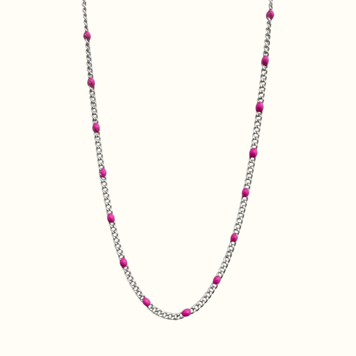DUGO silver curb chain necklace featuring vibrant pink enamel beads, crafted from tarnish-resistant stainless steel.