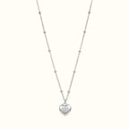 DUGO silver puffy heart pendant necklace on a delicate ball chain, waterproof and tarnish-resistant jewelry.