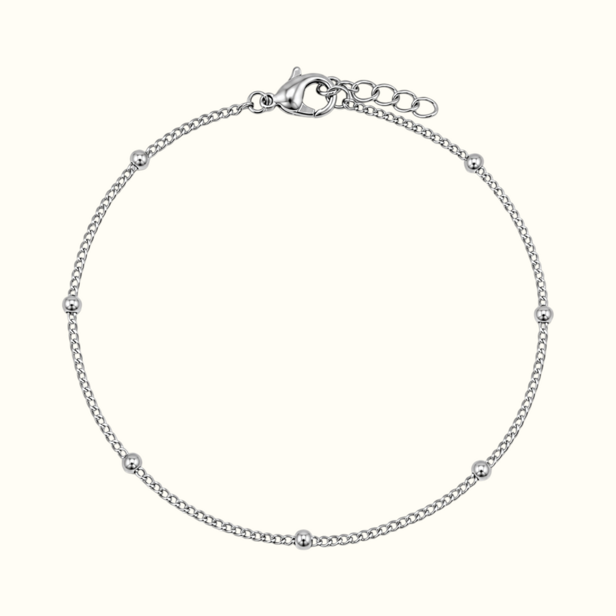 DUGO dainty silver satellite curb chain bracelet with polished beads and a lobster clasp closure.