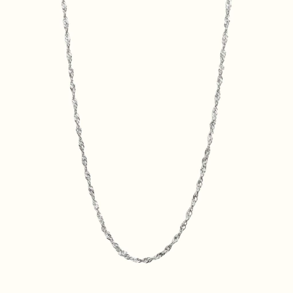 DUGO silver Singapore chain necklace with a twisted rope design, crafted from durable, waterproof stainless steel.