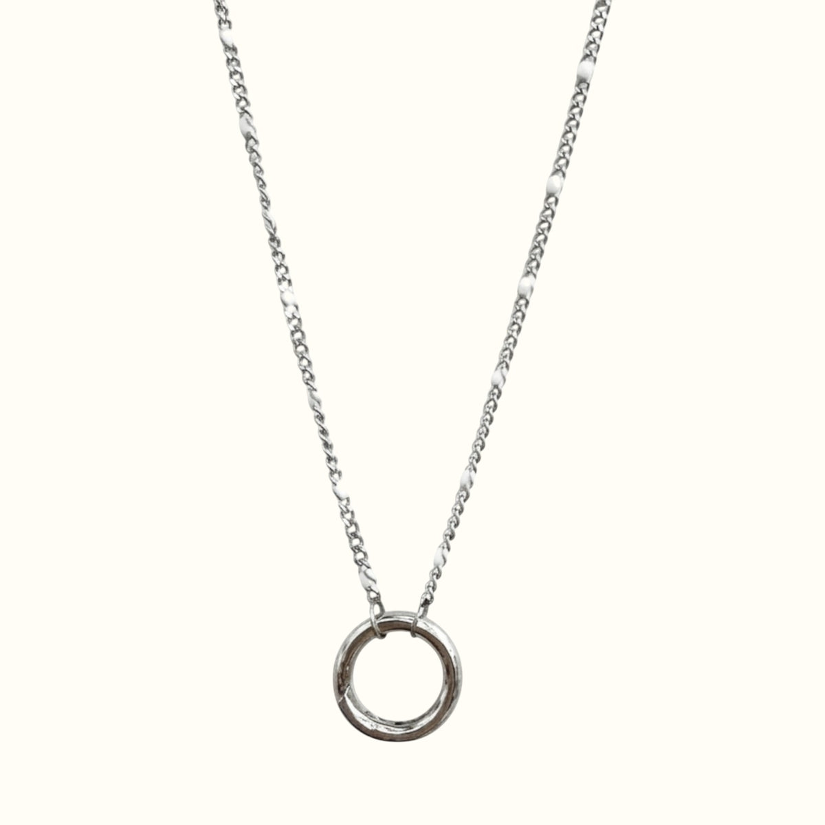 DUGO silver stainless steel necklace with white enamel bead chain and an openable spring ring pendant