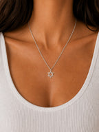 Close-up of the DUGO silver Star David Classic Necklace worn on the neck