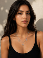 Close-up of the DUGO silver Star David Classic Trio Necklace worn on the neck