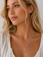 Close-up of the DUGO silver Star David with Evil Eye Charm Necklace worn on the neck