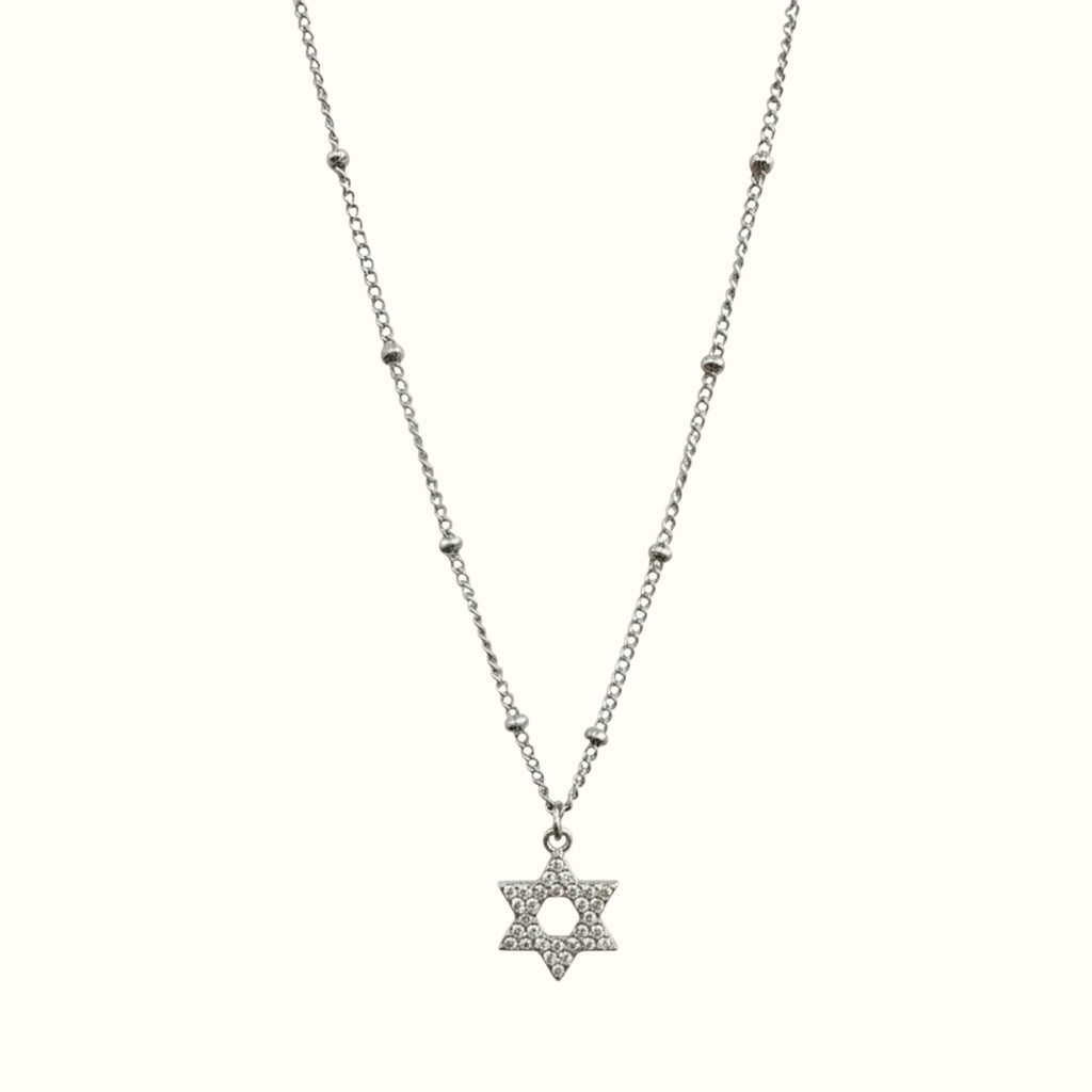 DUGO silver-tone Star of David pendant necklace with sparkling CZ stones on a delicate beaded chain