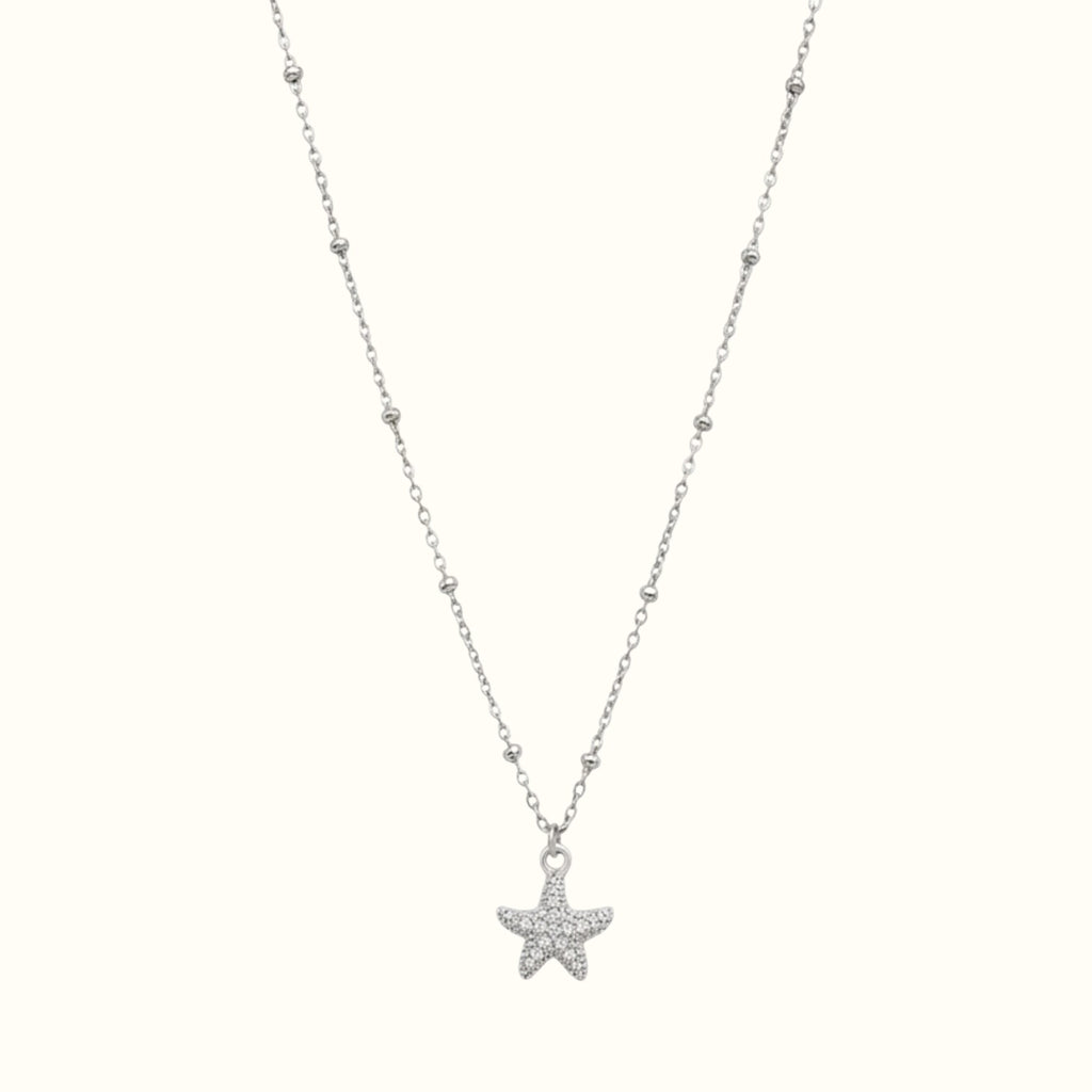 DUGO silver stainless steel starfish necklace with cubic zirconia stones on a delicate beaded chain