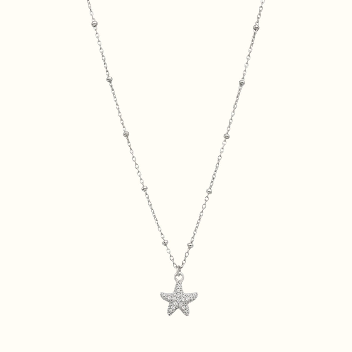 DUGO silver stainless steel starfish necklace with cubic zirconia stones on a delicate beaded chain