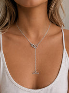Woman wearing the DUGO silver Toggle Y Lariat Paperclip Chain Necklace
