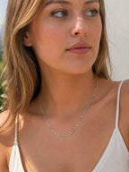 Close-up of the DUGO silver turquoise Enamel Lip Chain Necklace worn on the neck