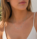Woman wearing the DUGO silver turquoise Enamel Lip Chain Necklace