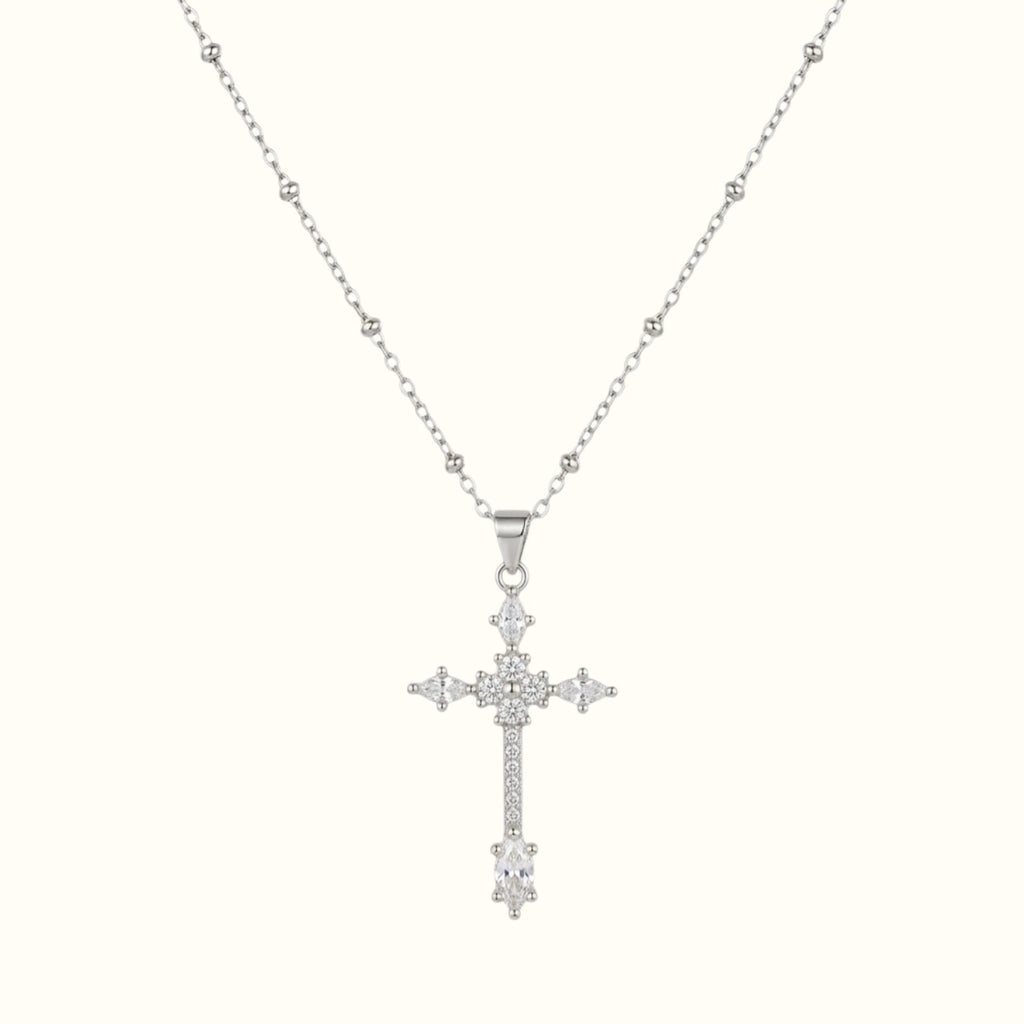 DUGO silver ball chain necklace featuring a delicate cross pendant adorned with sparkling white zirconia stones