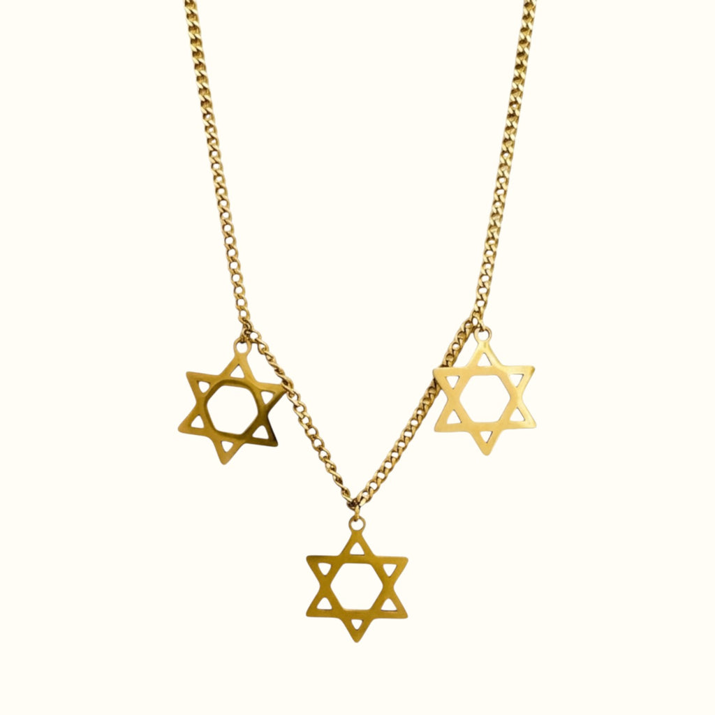 DUGO Star David Classic Trio necklace featuring three gold-toned Star of David pendants on a delicate chain