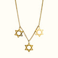 DUGO Star David Classic Trio necklace featuring three gold-toned Star of David pendants on a delicate chain