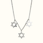 DUGO Star David Classic Trio Necklace featuring three silver-toned Star of David charms on a delicate metal chain.