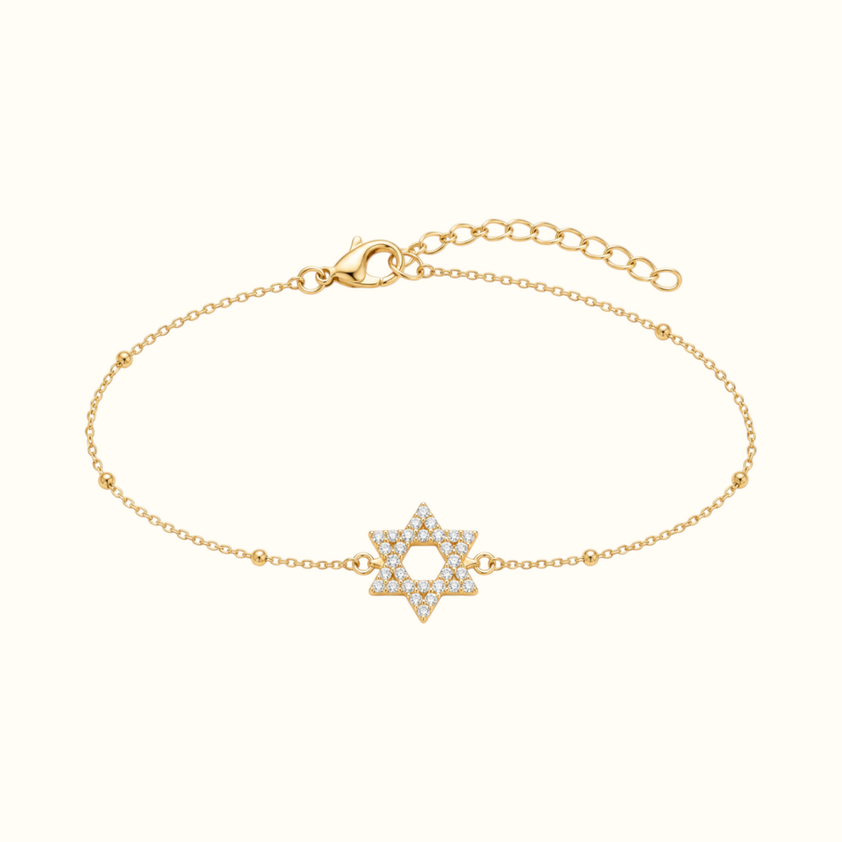 DUGO gold Star of David bracelet featuring a delicate satellite chain and a sparkling cubic zirconia centerpiece.