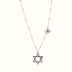 DUGO silver-tone Star of David necklace featuring a delicate chain with a blue evil eye charm and bead accents.