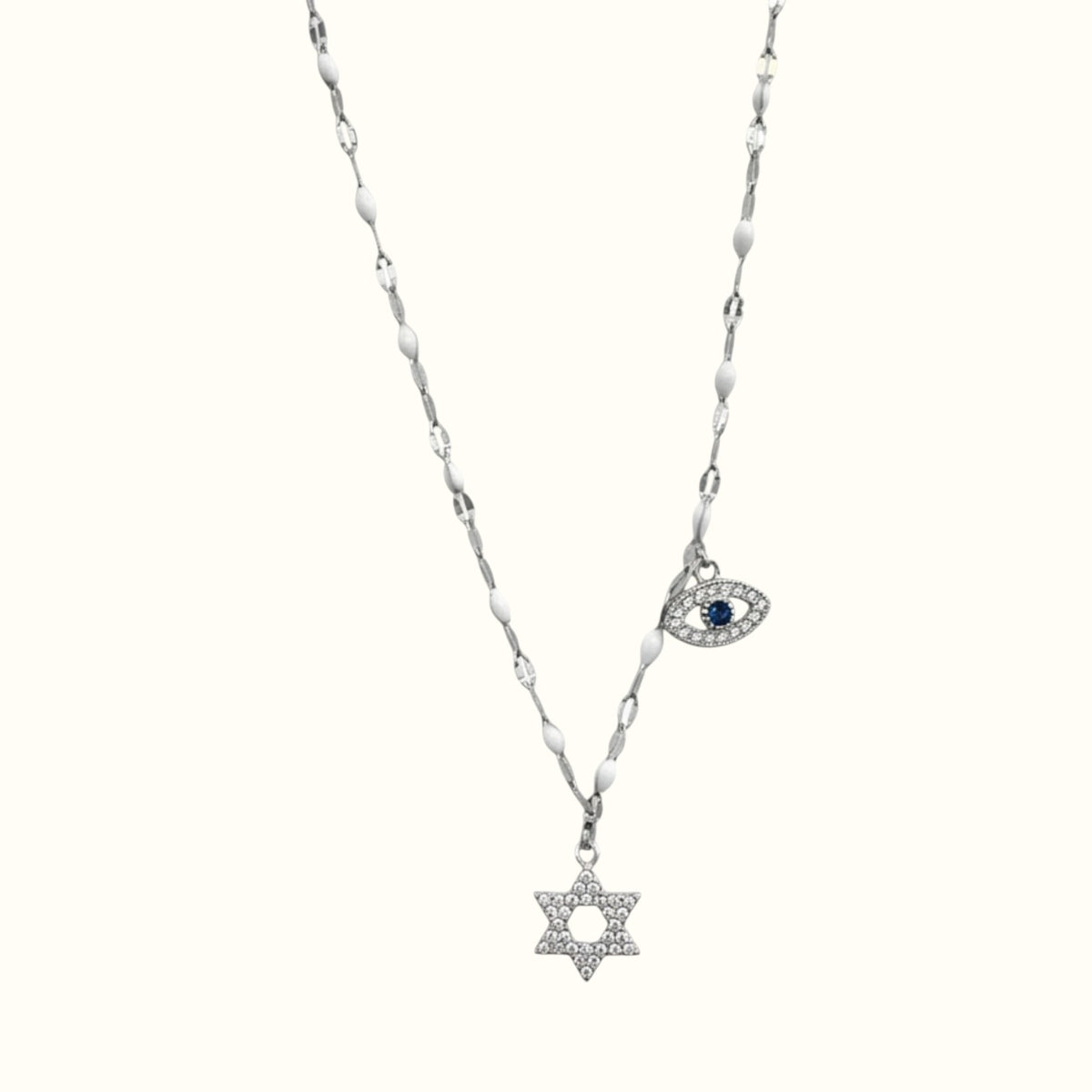 DUGO silver-tone necklace featuring a CZ-paved Star of David pendant and a blue evil eye charm on a delicate chain.