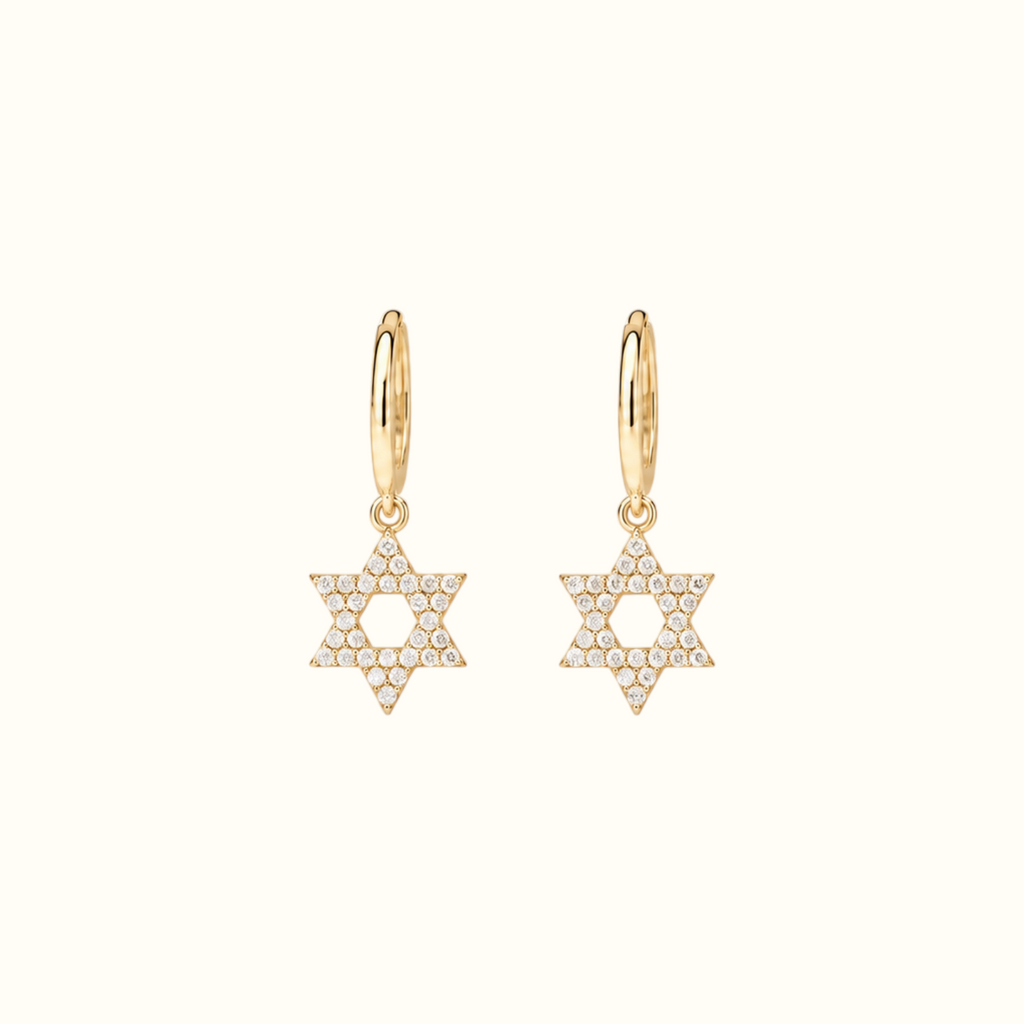 DUGO gold hoop earrings featuring delicate pavé Star of David charms with sparkling clear stones