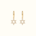 DUGO gold hoop earrings featuring delicate pavé Star of David charms with sparkling clear stones