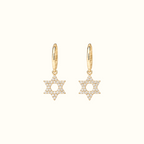 DUGO gold hoop earrings featuring delicate pavé Star of David charms with sparkling clear stones