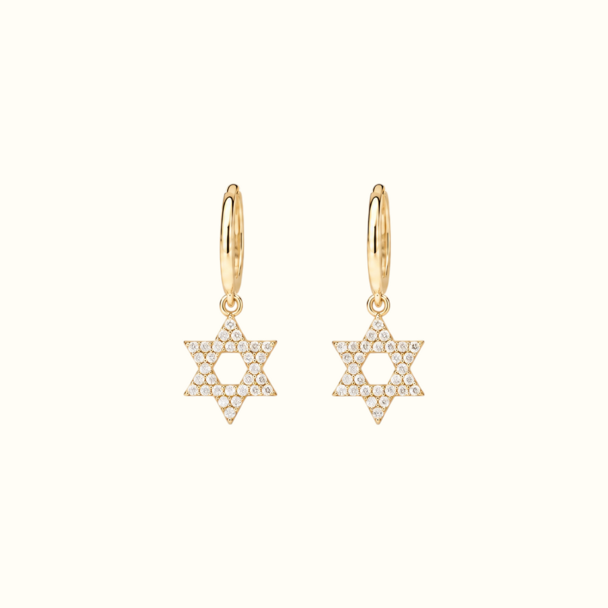 DUGO gold hoop earrings featuring delicate pavé Star of David charms with sparkling clear stones